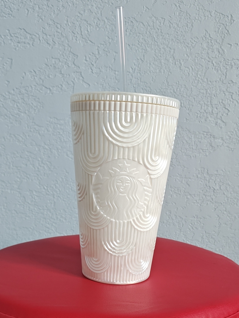 Starbucks Cream Embossed Cup with Clear Straw